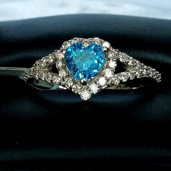 (SOLD) 14K Heart-Shaped Blue Topaz Diamond Ring Sz 5.75 - Picture 1 of 11